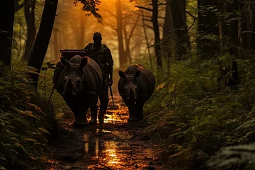 Deurstickers Ranger protects rhinos in struggle for conservation., generative IA © JONATAS