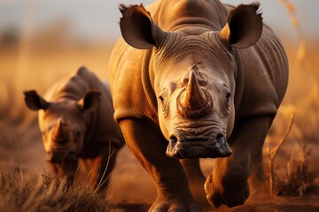 Babies rhinos play around their mother in the savannah., generative IA - obrazy, fototapety, plakaty
