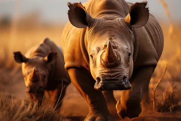 Rolgordijnen Babies rhinos play around their mother in the savannah., generative IA © JONATAS