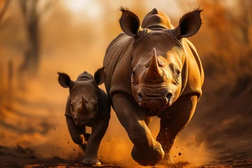 Gordijnen Babies rhinos play around their mother in the savannah., generative IA © JONATAS