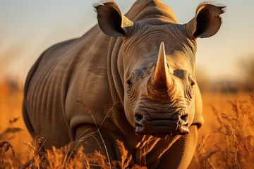Rhino grazing in the sunny African savannah., generative IA