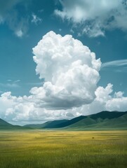 large cloud sitting in the middle of a grassy field with blue sky, himalayan art, northern china's terrain - obrazy, fototapety, plakaty