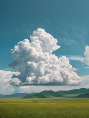 large cloud sitting in the middle of a grassy field with blue sky, himalayan art, northern china's terrain - obrazy, fototapety, plakaty