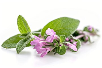 Marjoram sage leafs and flowers on white background, macro.