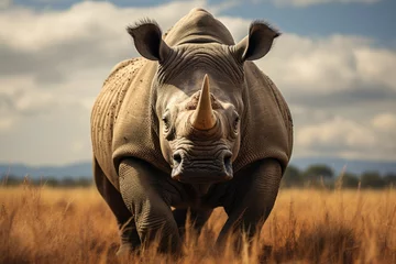 Rolgordijnen Rhino observes elephants in the scene of coexistence., generative IA © JONATAS