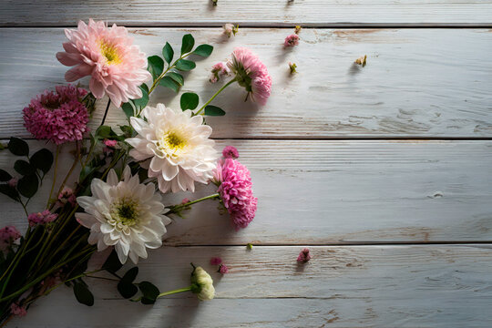 Flowers On White Wooden Table In Overhead View