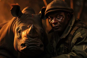 Rolgordijnen Ranger monitors rhino using tracking technology., generative IA © JONATAS
