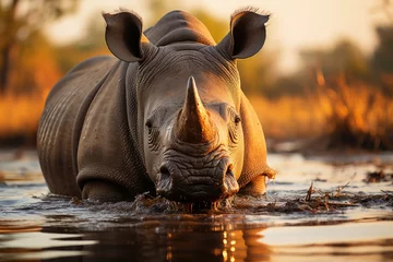 Tuinposter Rhino drinking water with reflex on the surface., generative IA © JONATAS