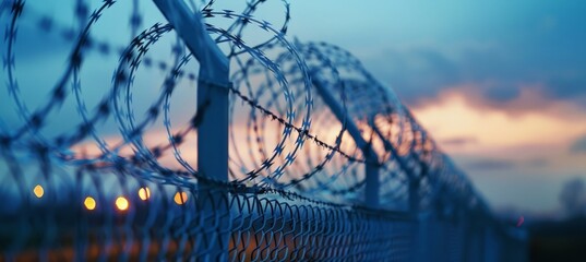 A detailed view of a barbed wire fence, showing its sharp and twisted wires up close, creating a barrier and deterrent to entry. - obrazy, fototapety, plakaty