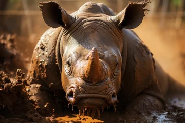 Zelfklevend Fotobehang Refreshing rhino in mud bath under the African sun., generative IA © JONATAS