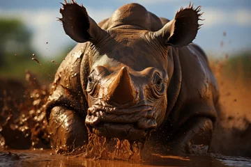 Deurstickers Refreshing rhino in mud bath under the African sun., generative IA © JONATAS