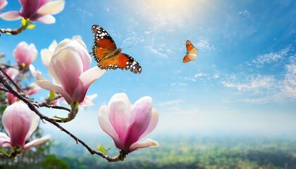 View of beautiful magnolia and butterflies with blue sky background. Spring and summer concept