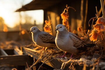 Pigeons in rustic barn under morning light., generative IA