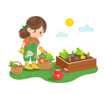 Cute little girl farmer standing and harvesting