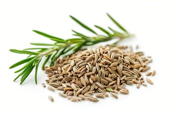 Rosemary seeds and leafs on white background, macro. - Powered by Adobe