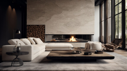 A modern living room with textured wall finishes featuring a black and white sofa, a shag rug, and a decorative fireplace