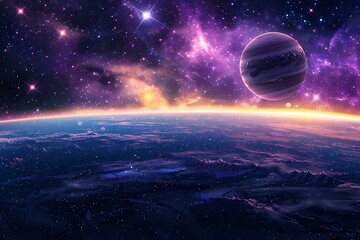Space background with purple planet landscape stars