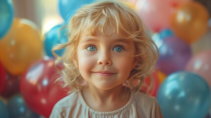 Fototapeta na wymiar Cheerful Blonde Toddler Girl Celebrating Birthday with Warm Accents