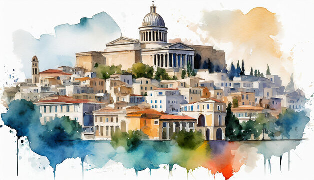 Watercolor illustration of Athens city. Capital of Greece. Travel by Europe. Abstract buildings, architecture.