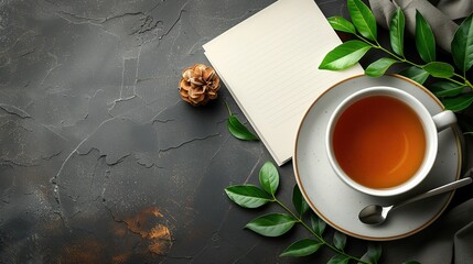 Obraz na płótnie Canvas Overhead Shot of Tea Cup, Foliage, Notepad, and Acorns on Stone Background