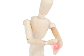 Wooden doll with pain in the wrist. Red dots representing pain. Trauma. Carpal tunnel.