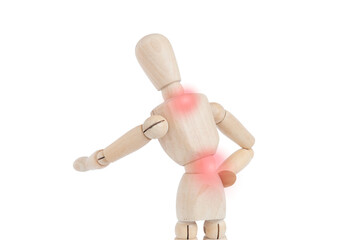 Wooden mannequin with red dots on upper and lower back representing pain. Lumbar and dorsal...
