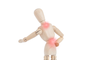 Wooden mannequin with red dots on upper and lower back representing pain. Lumbar and dorsal discomfort. Concept of pain.