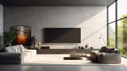 A modern living room with Smart home technology, showcasing a sleek black sofa, a wall-mounted television, and a range of connected gadgets