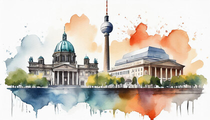 Fototapety  Watercolor illustration of Berlin city. Capital of Germany. Travel by Europe. Abstract buildings, architecture. Hand drawn art for postcard, poster or banner. Isolated on white background.