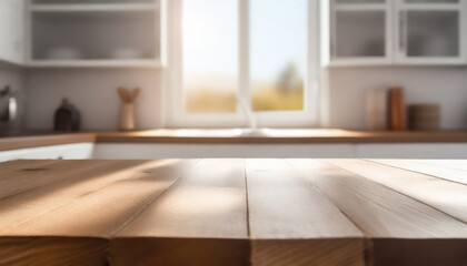 Fototapeta na wymiar Modern empty wooden table or white color furniture with kitchen island, blurred bokeh kitchen room interior background. For display of assembly products. 
