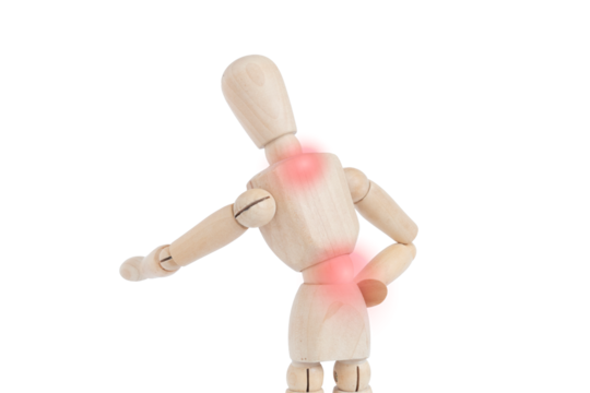 Wooden mannequin with red dots on upper and lower back representing pain. Lumbar and dorsal discomfort. Concept of pain. - Powered by Adobe
