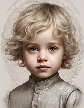 Stylized Portrait of a Child, Wearing a Grey Shirt, Highlighted Blonde Hair, Generative AI