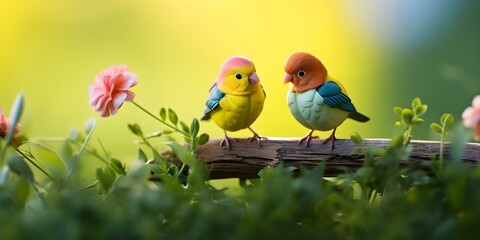 Pair of adorable lovebirds strolling on lush green lawn with blooming flowers. Concept Nature, Birds, Love, Strolling, Blooming Flowers