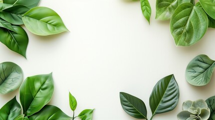 Green Leaves Frame on White Background with Blank Space for Text Overlays and Logos in the Middle