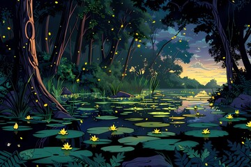 Swamp in tropical forest with fireflies at night - obrazy, fototapety, plakaty