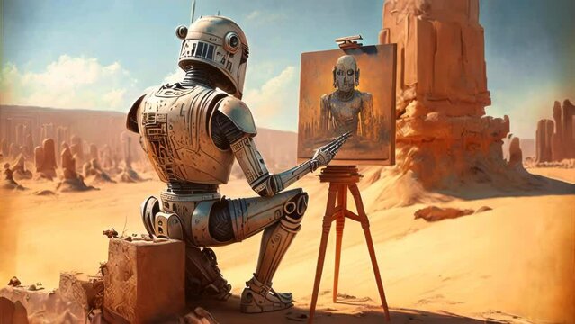 Robotic painter using Artificial Intelligence to produce a painting. AI is using machine learning to create art based on previously acquired methods and generate creative visuals by text-to- image.