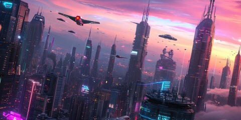 Futuristic city glows with soft hues, complemented by the sleek design of hovering vehicles above the vibrant skyline. Resplendent. - obrazy, fototapety, plakaty