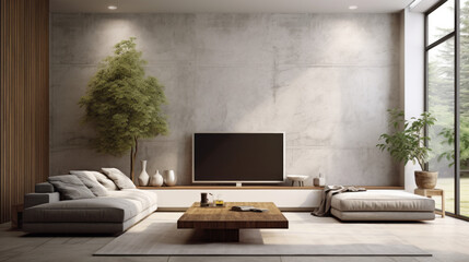 A modern living room featuring a textured wall finish, a wall-mounted TV, and decorative pillows