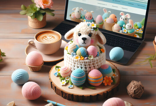 Easter eggs and handmade crochet dolls, tablet with crochet images.