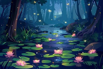 Swamp in tropical forest with fireflies at night
