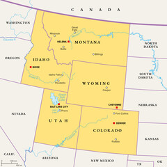 Rocky Mountain region of the United States, political map. The Rocky Mountains, Rockies for short, divide the western United States from the Great Plains. Colorado, Idaho, Montana, Wyoming, and Utah.