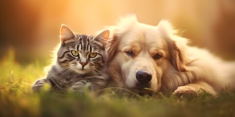 Fototapeta na wymiar A harmonious bond between a dog and cat. Concept Pet Friendship, Dog & Cat Bond, Harmonious Companions, Furry Friends, Animal Pals
