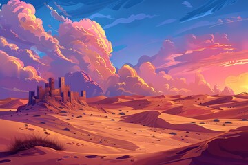 Desert with fantastic cartoon background a - obrazy, fototapety, plakaty