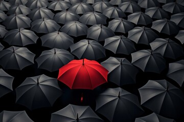 a red umbrella in a group of black umbrellas