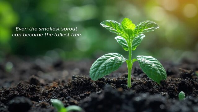A young plant sprouting from rich soil with 'Even the Smallest Sprout Can Become the Tallest Tree' Text Animation, Motivational. Generative AI