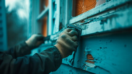 workers who inspect and repair damaged exterior siding, emphasizing the exterior aspect of an apartment or home renovation. - obrazy, fototapety, plakaty