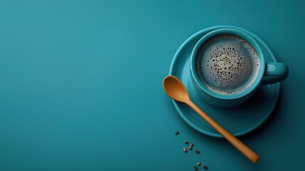 Overhead Shot of Coffee Cup, Spoon, and Beans on Cyan Background: Cafe Branding Resource  - obrazy, fototapety, plakaty