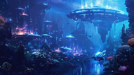 An underwater city with bioluminescent coral, schools of colorful fish, and ancient ruins, all illuminated by the eerie glow of an underwater volcano. Resplendent.