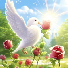 A dove with a red rose in its beak