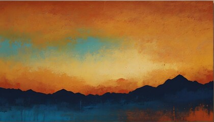 "A vibrant sunset of orange, yellow, and blue hues, set against a grainy, noise-filled background. The grungy spray texture adds a touch of edginess to the scene.